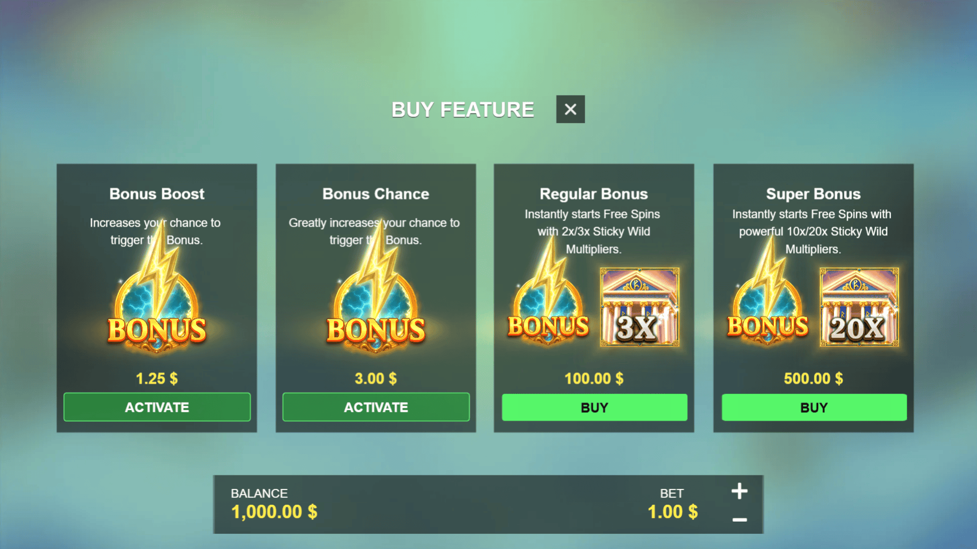 Divine Storm bonus buy menu