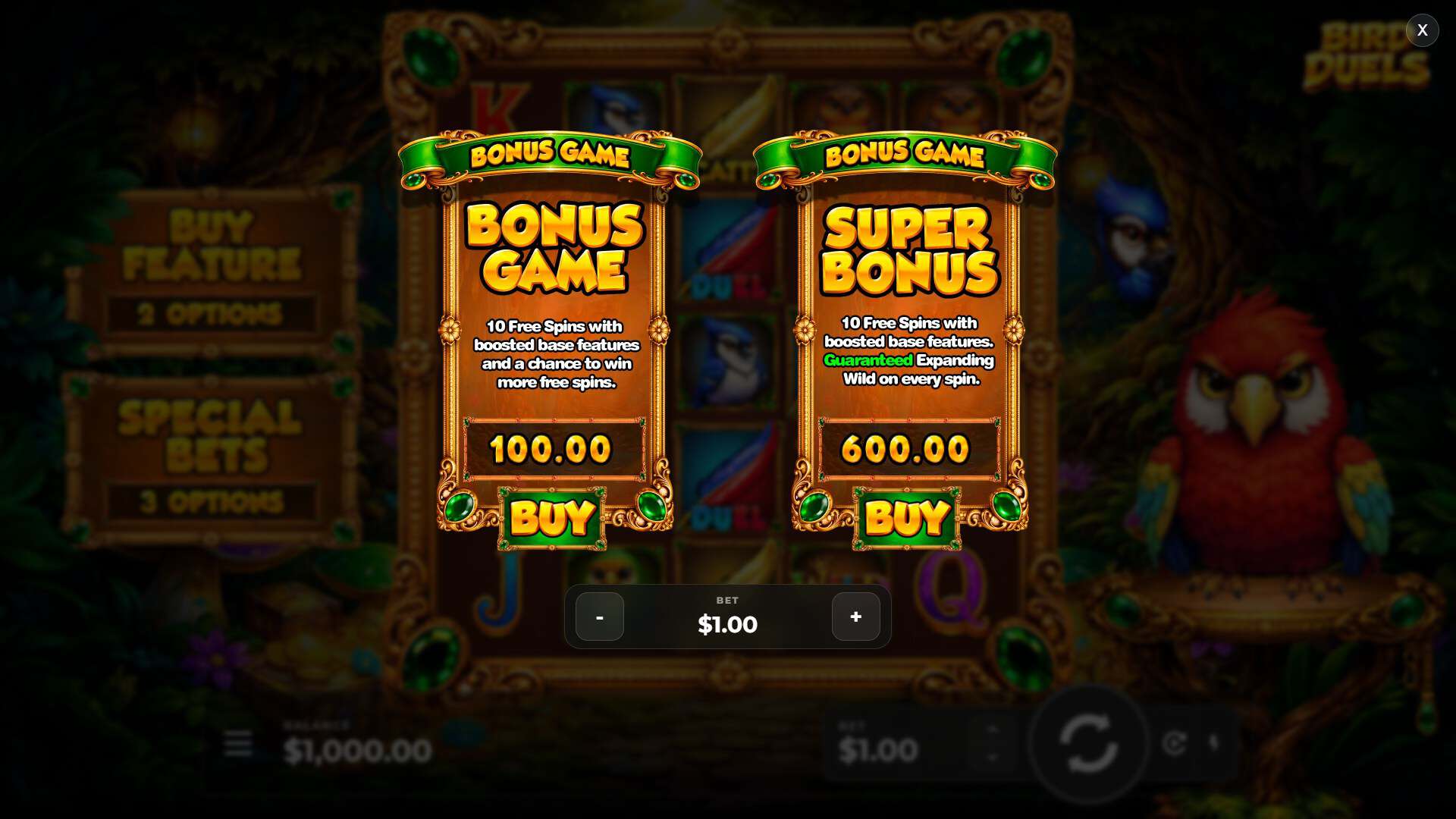 Bird Duels bonus buy menu