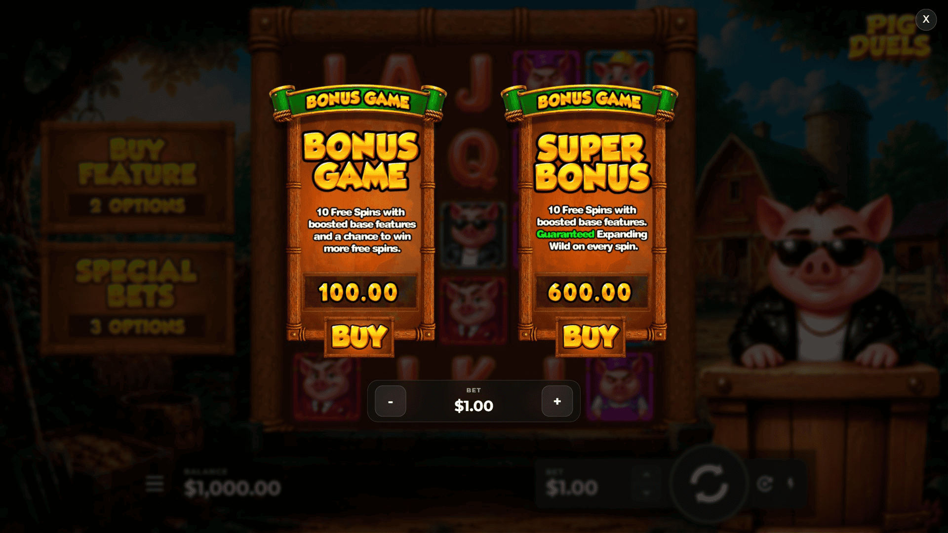 Pig Duels bonus buy menu