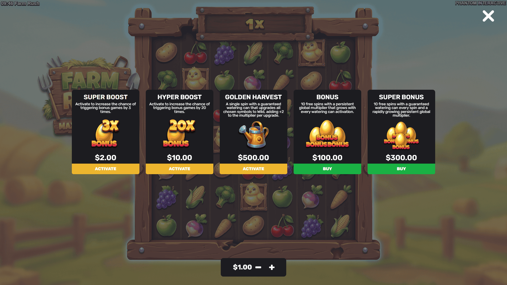 Farm Rush bonus buy menu