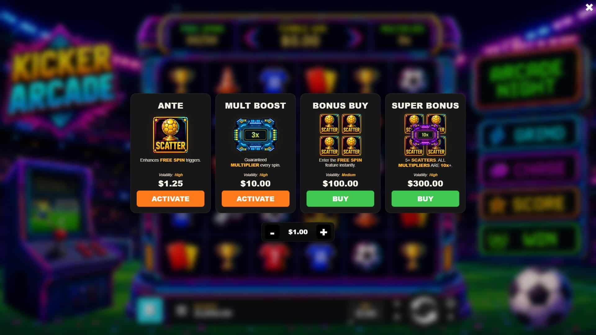 Kicker Arcade bonus buy menu