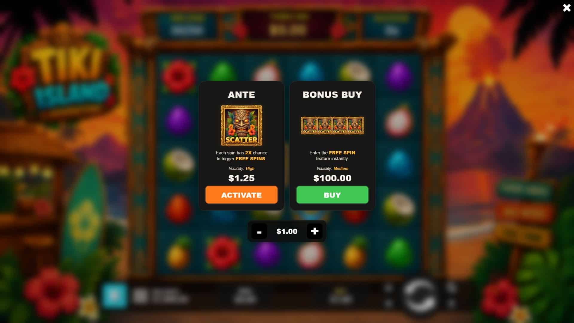 Tiki Island bonus buy menu