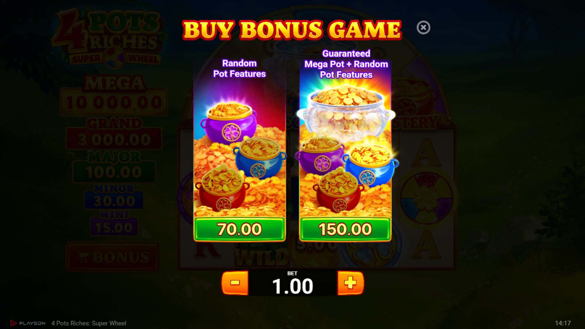 4 Pots Riches Super Wheel bonus buy menu