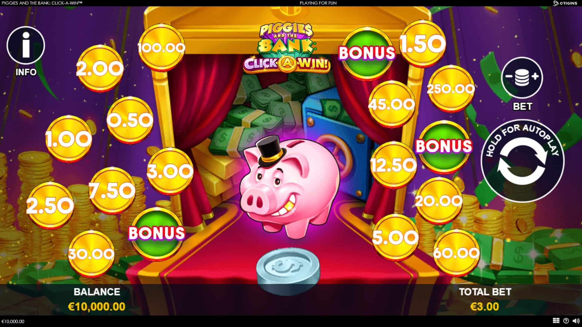 Piggies and the Bank Click-A-Win slot gameplay reels