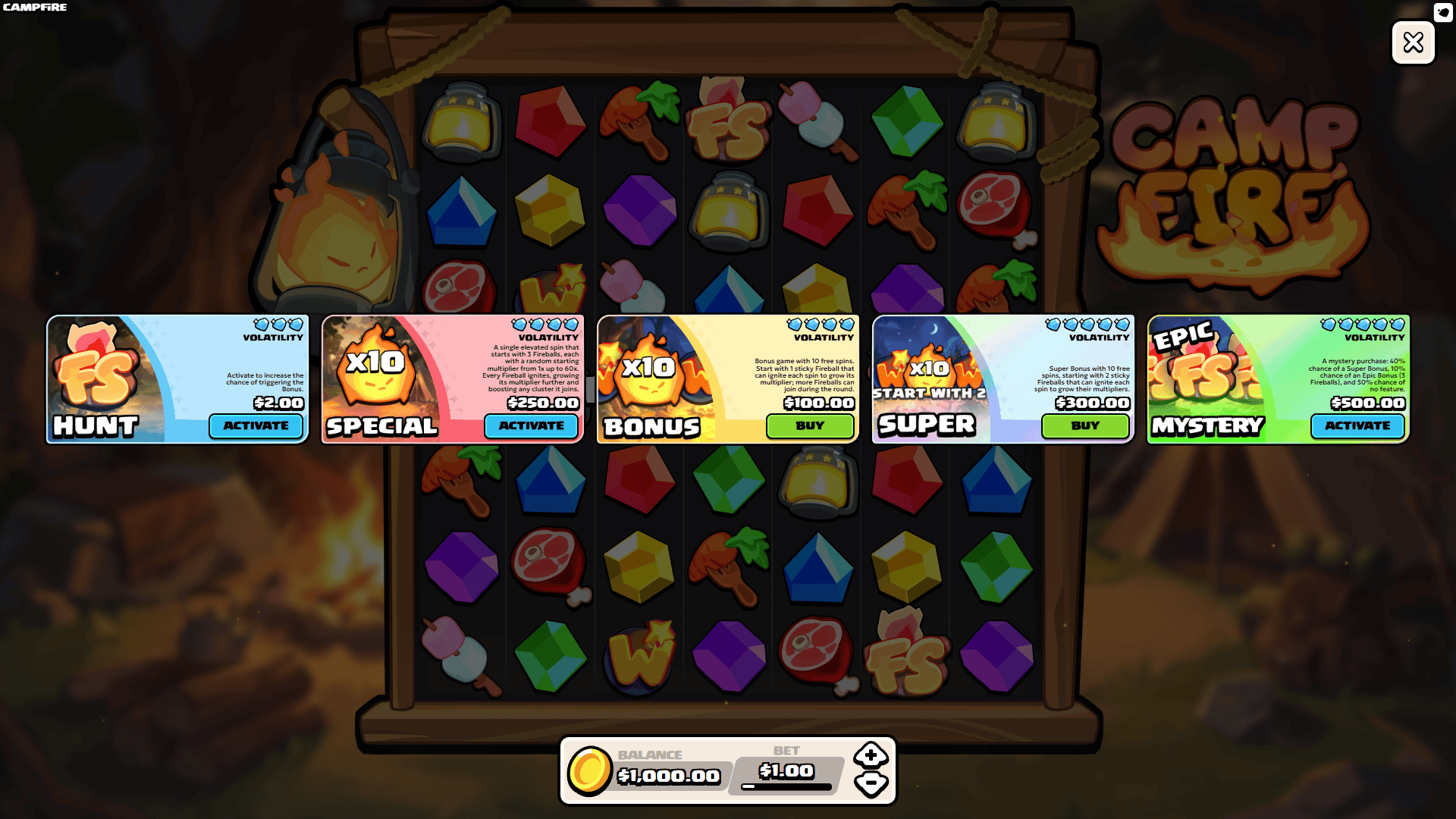 Campfire bonus buy menu