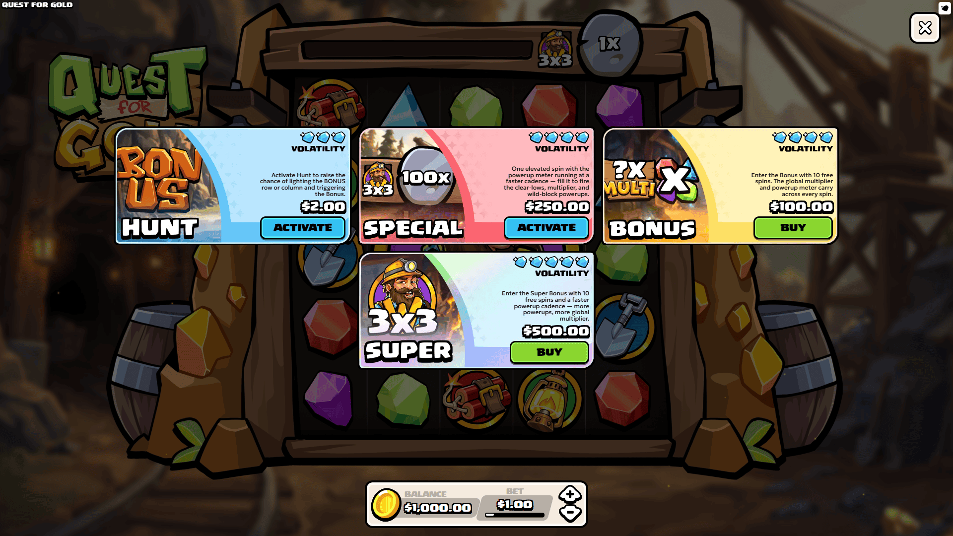 Quest for Gold bonus buy menu