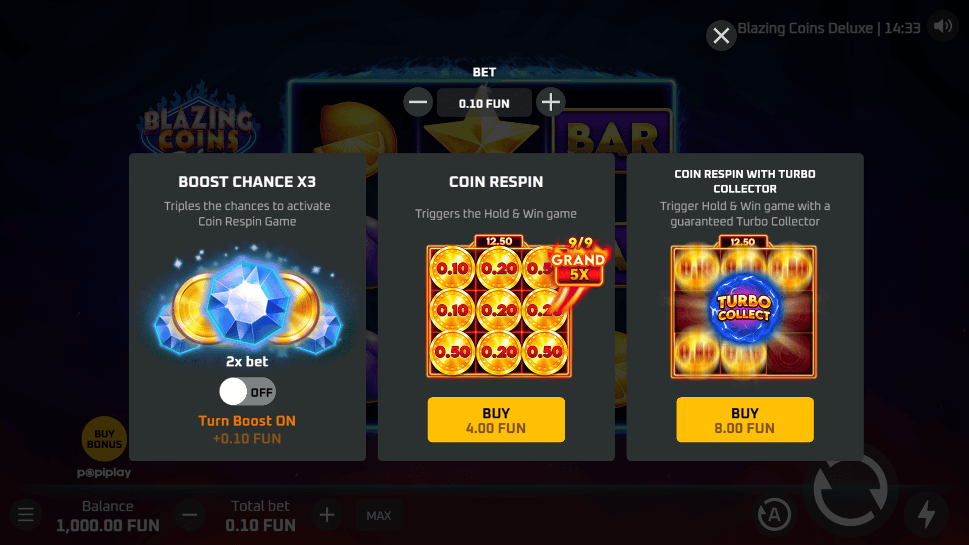 Blazing Coins Deluxe bonus buy menu
