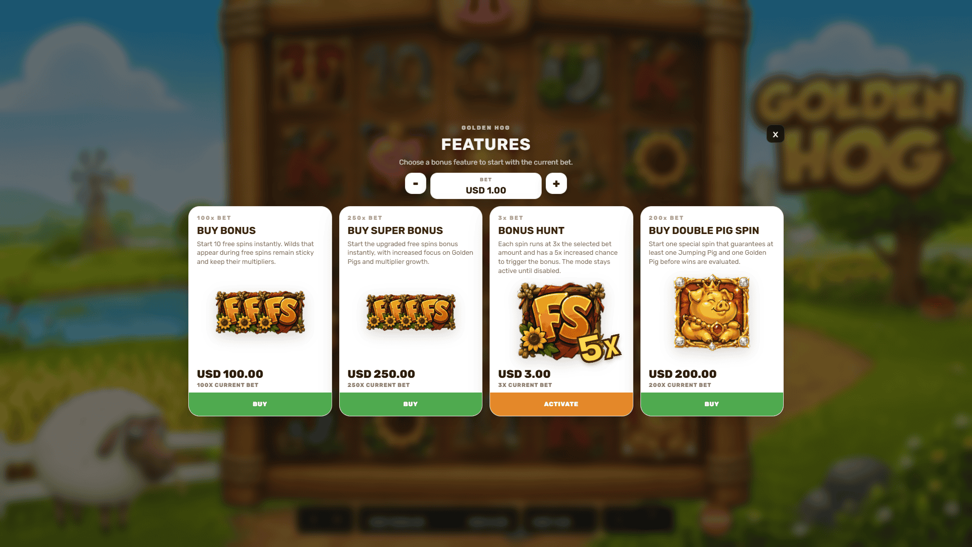Golden Hog bonus buy menu