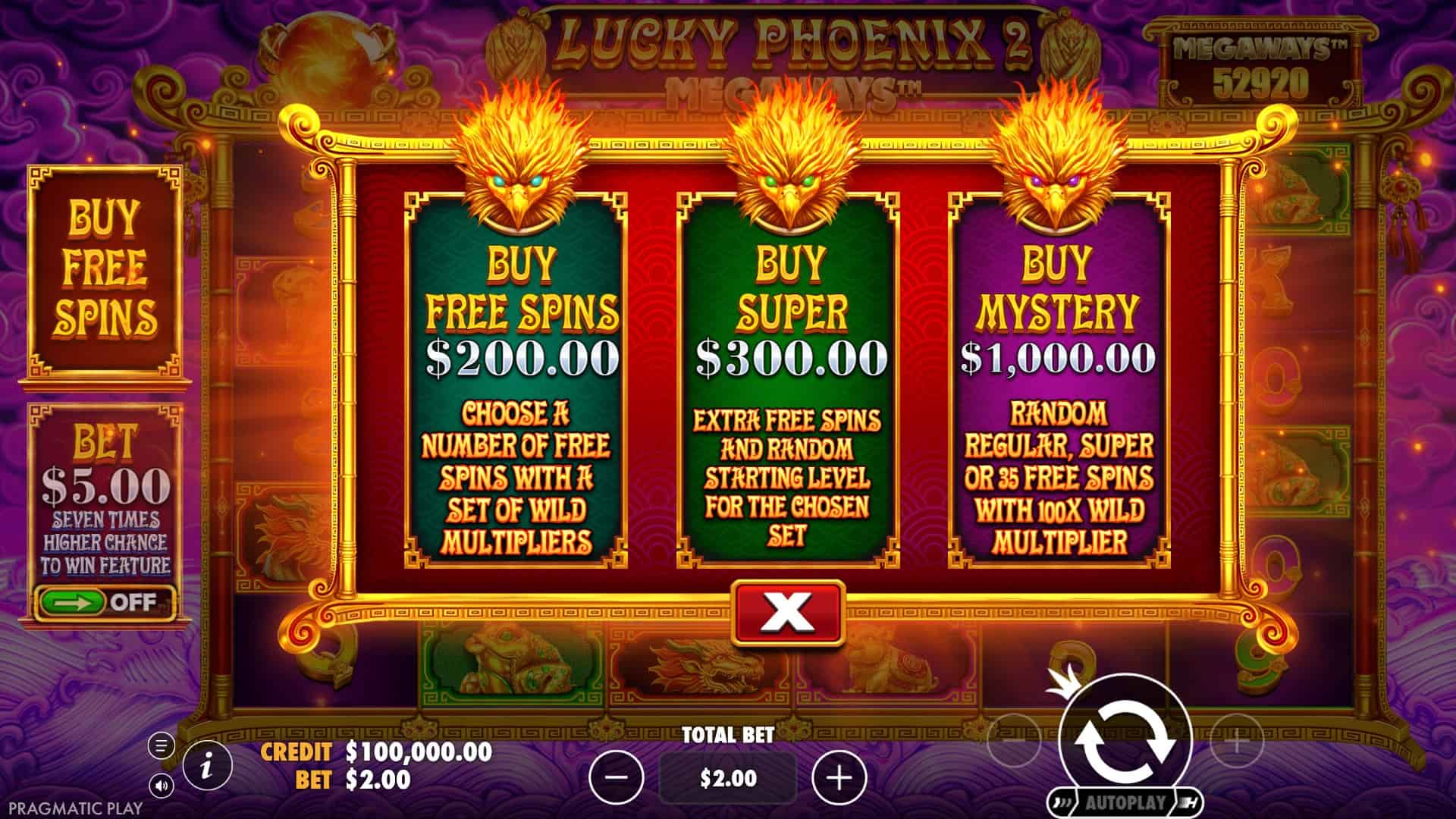 Lucky Phoenix Megaways 2 bonus buy menu