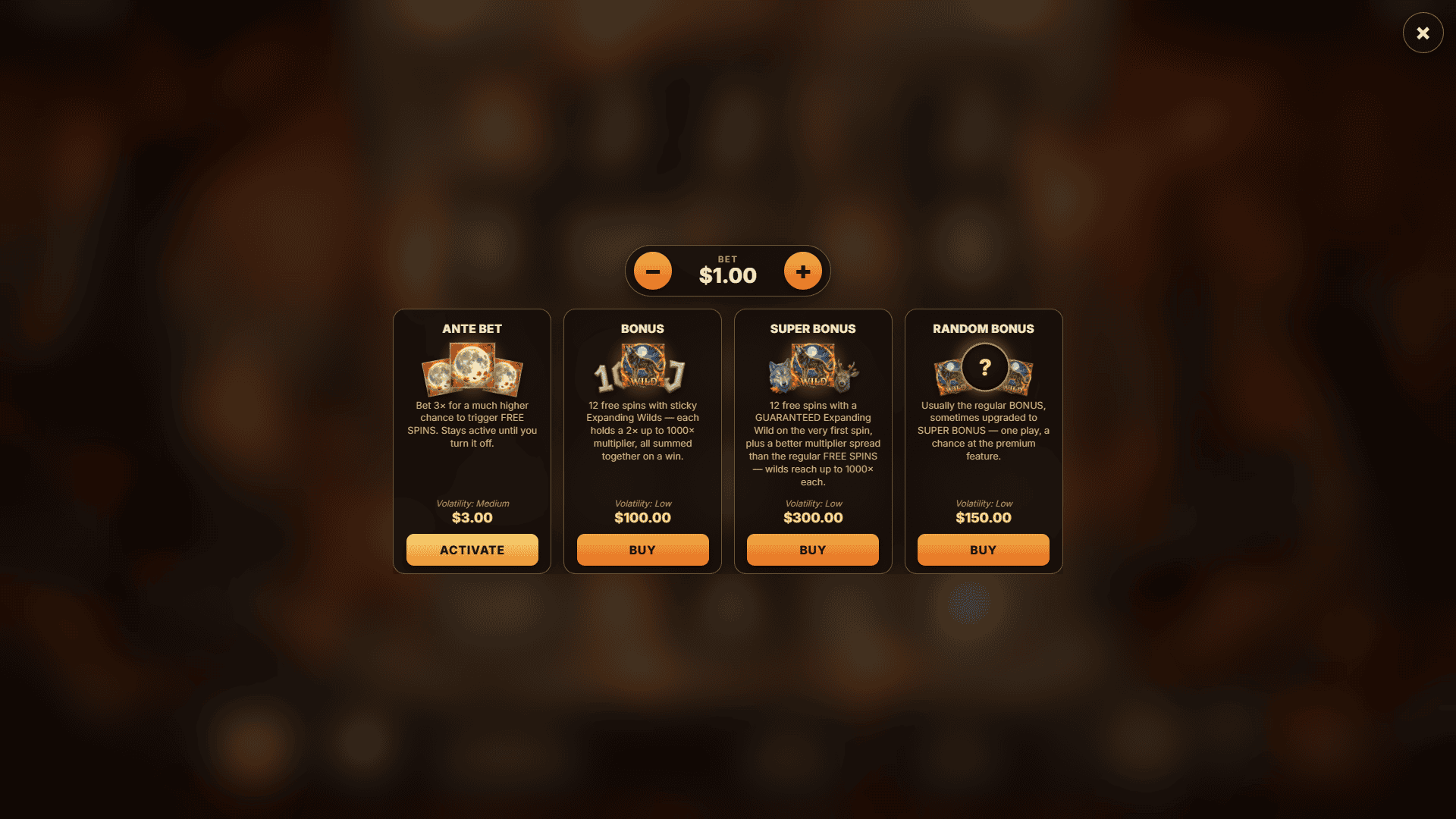 Wolf Howl bonus buy menu
