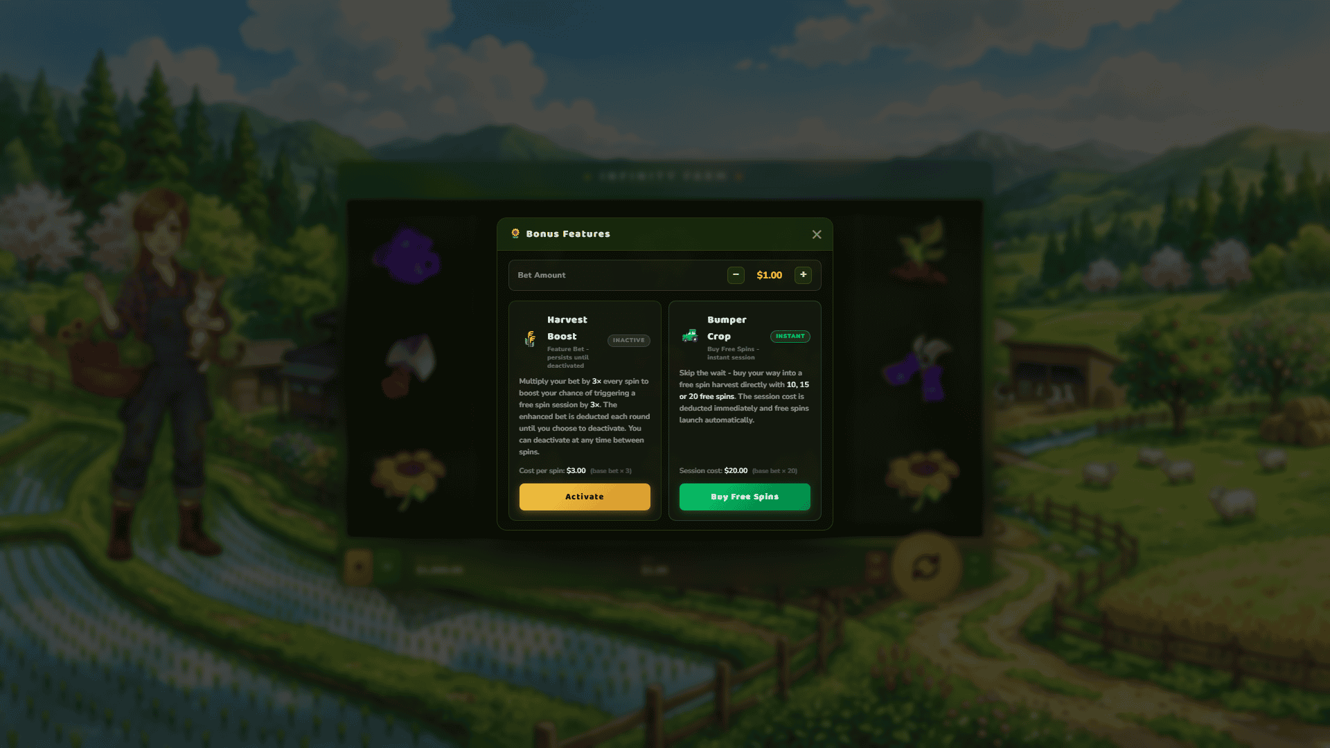 Infinity Farm bonus buy menu
