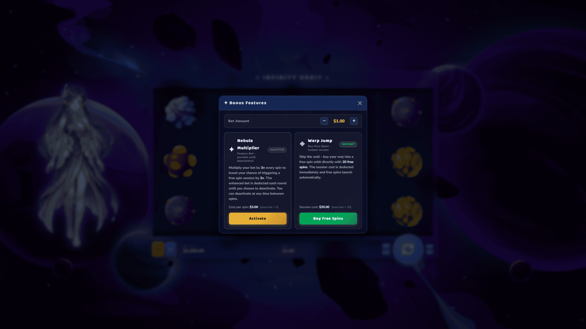 Infinity Orbit bonus buy menu
