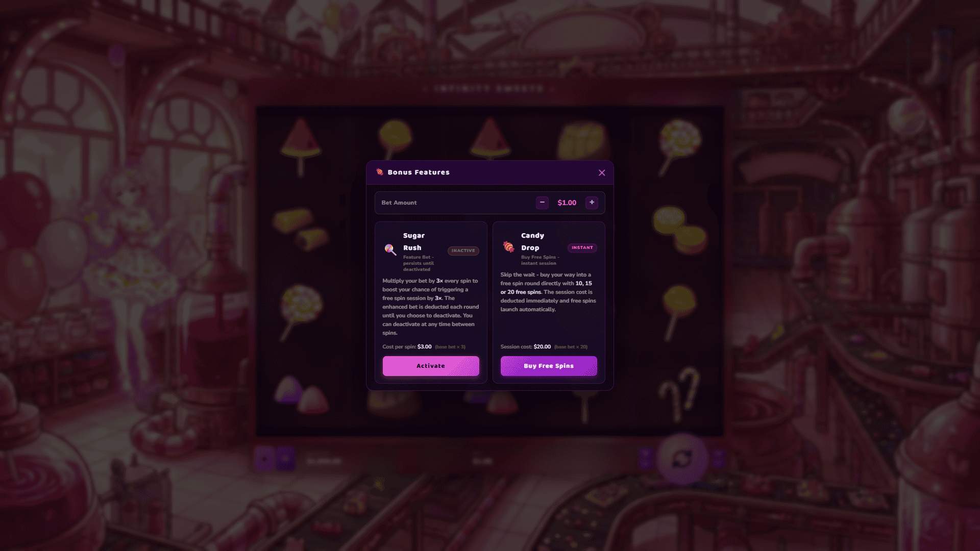 Infinity Sweets bonus buy menu