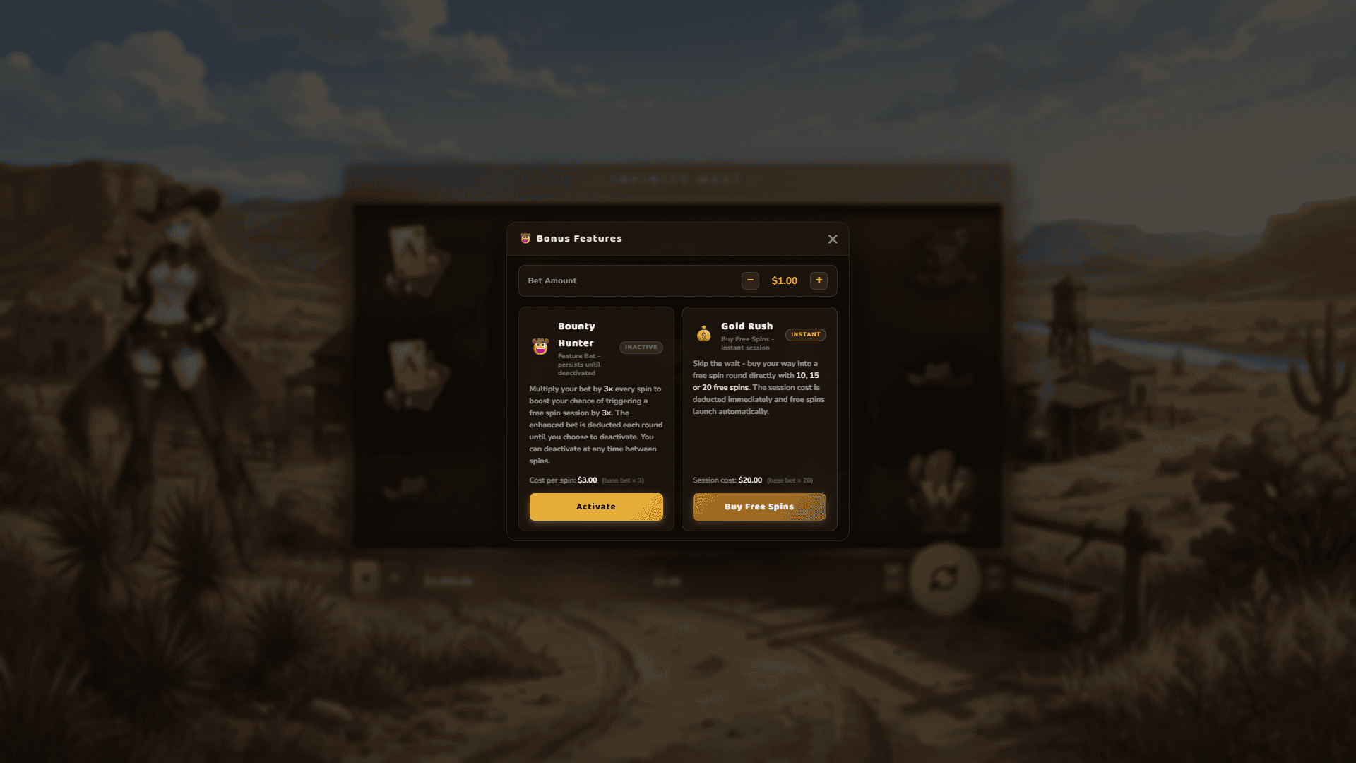 Infinity West bonus buy menu