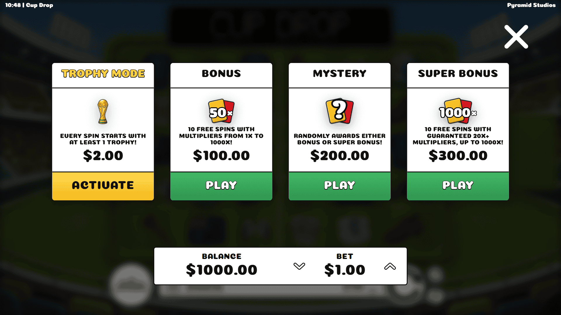 Cup Drop bonus buy menu