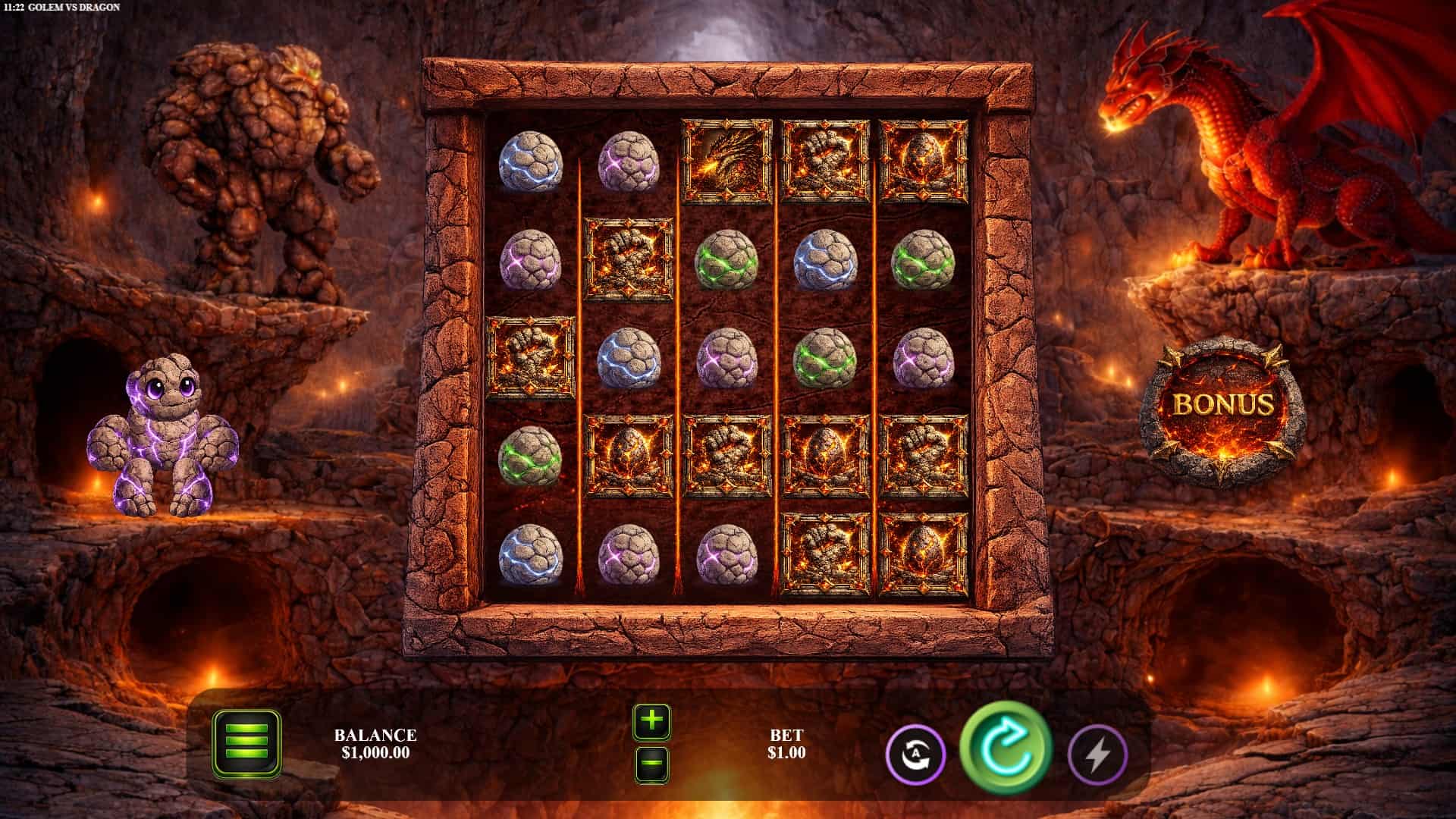 Golem vs Dragon slot gameplay reels