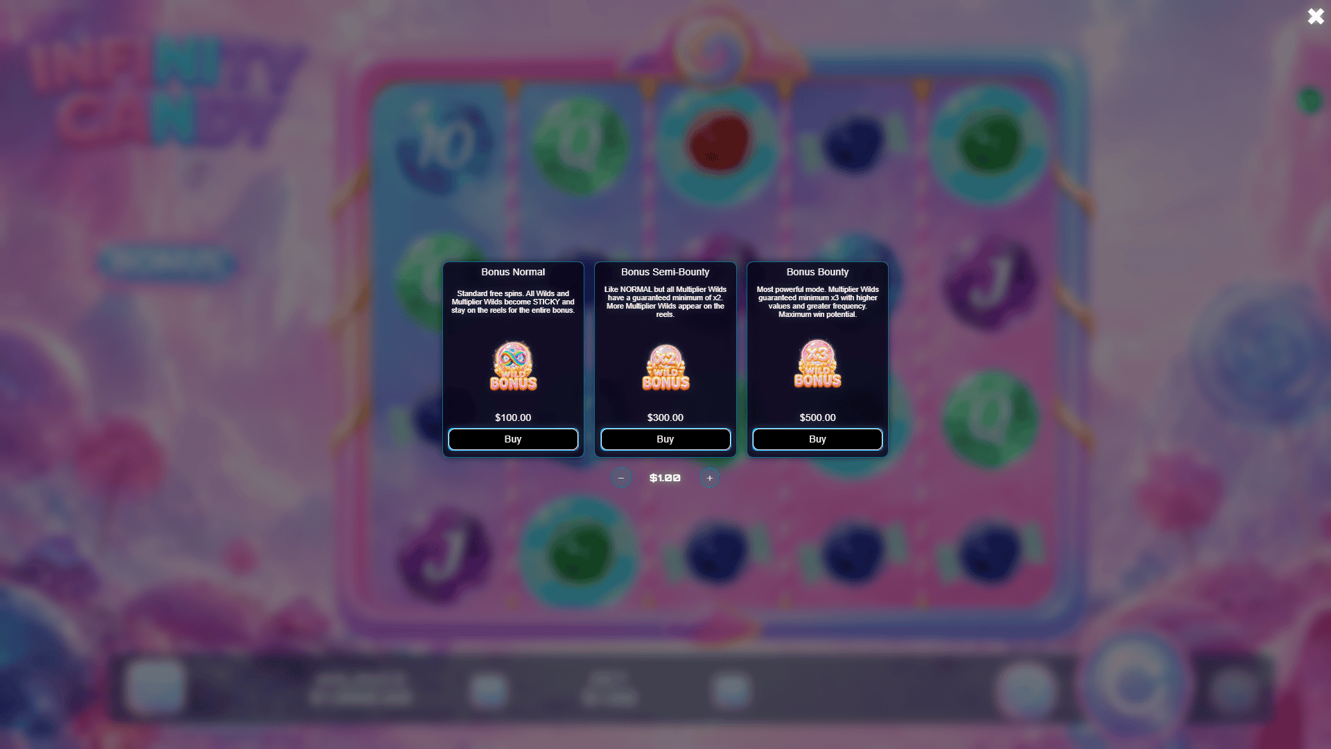 Infinity Candy bonus buy menu