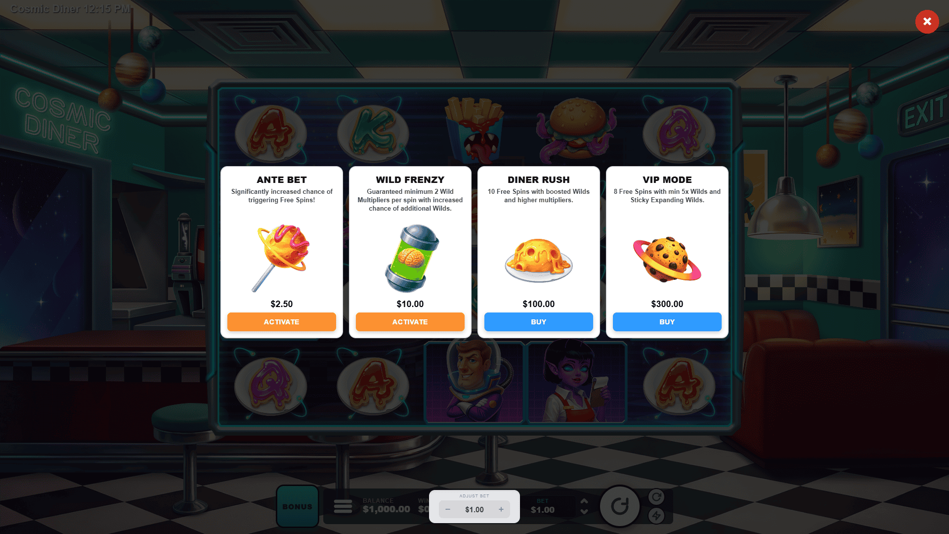 Cosmic Diner bonus buy menu
