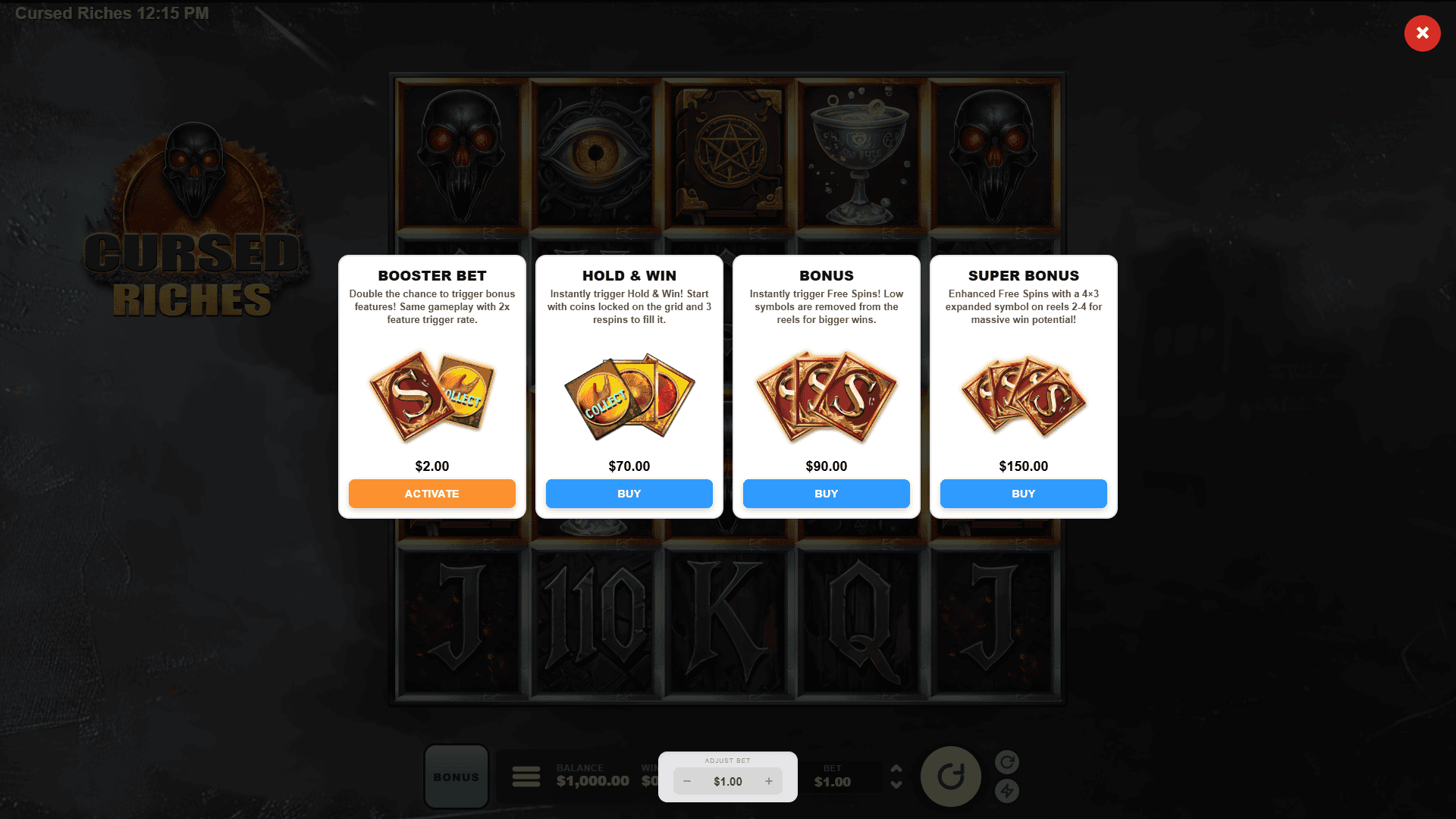 Cursed Riches bonus buy menu