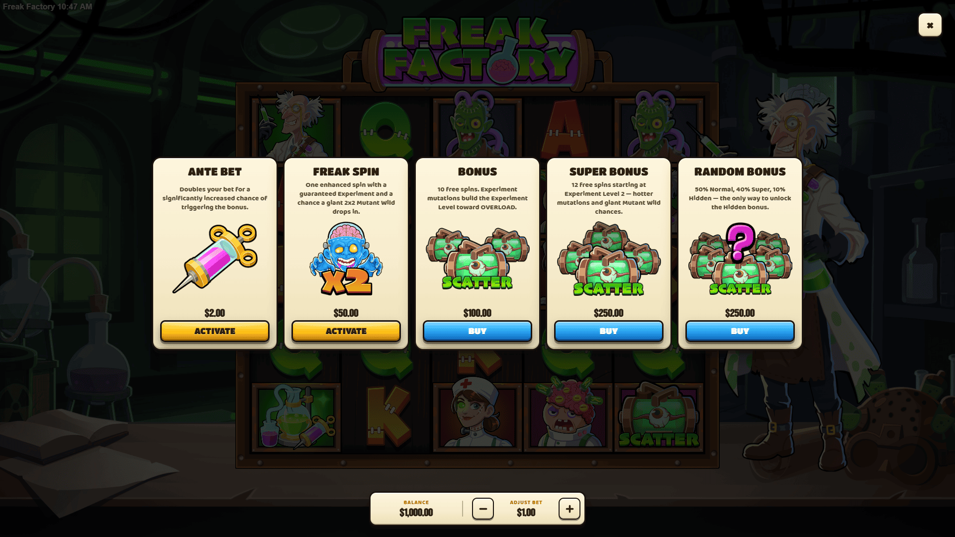 Freak Factory bonus buy menu