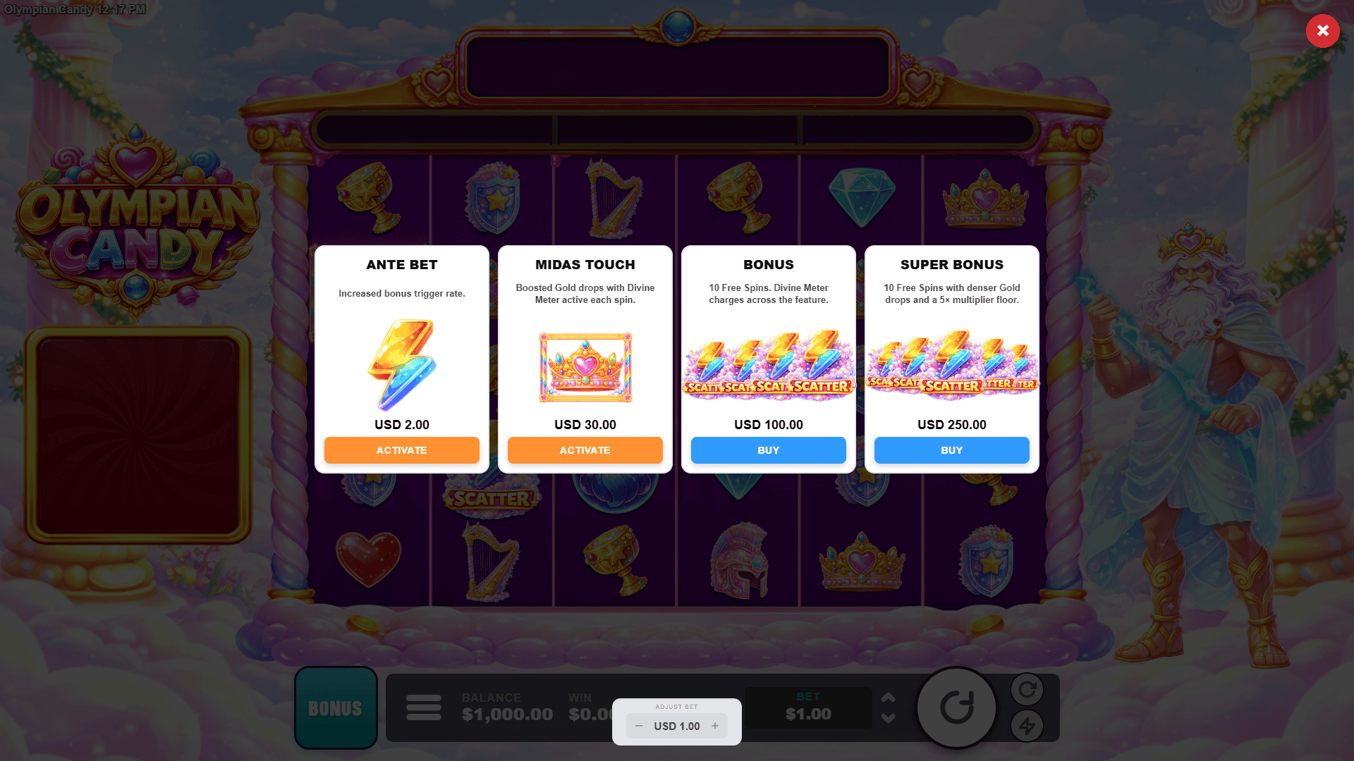 Olympian Candy bonus buy menu
