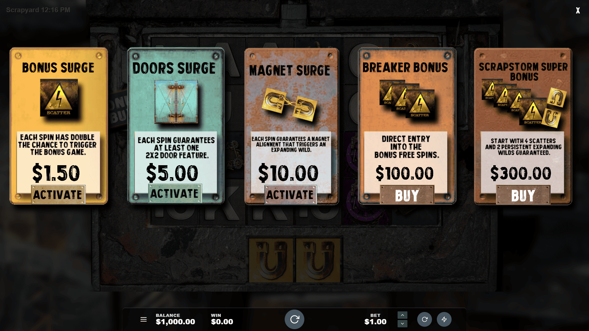 Scrapyard bonus buy menu