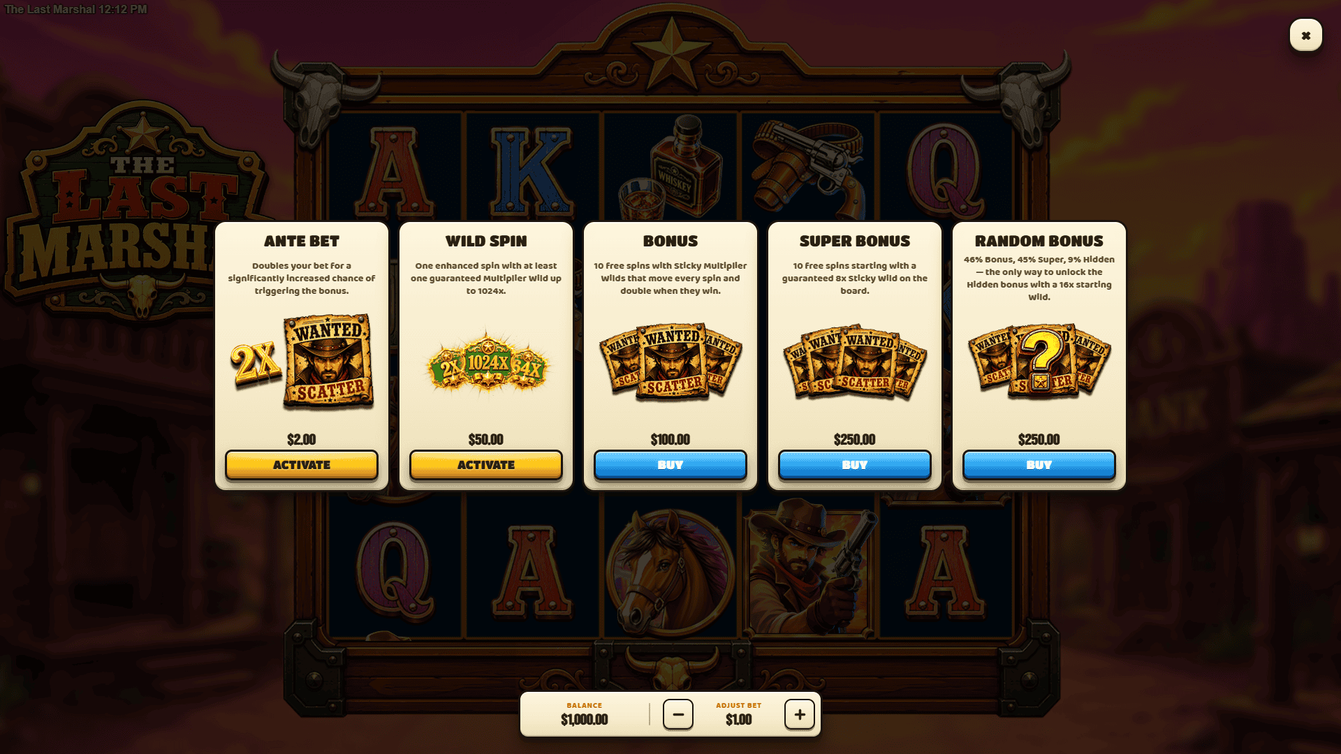 The Last Marshal bonus buy menu