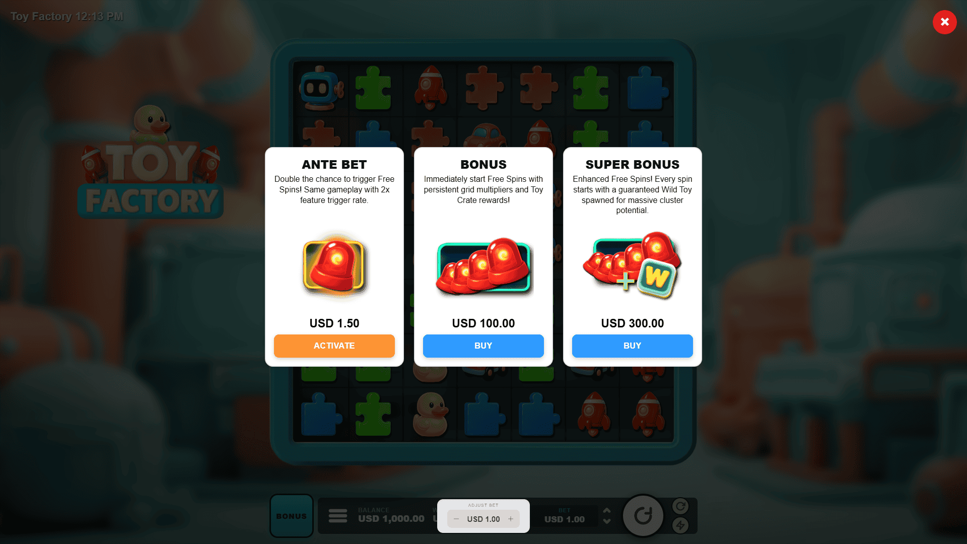 Toy Factory bonus buy menu