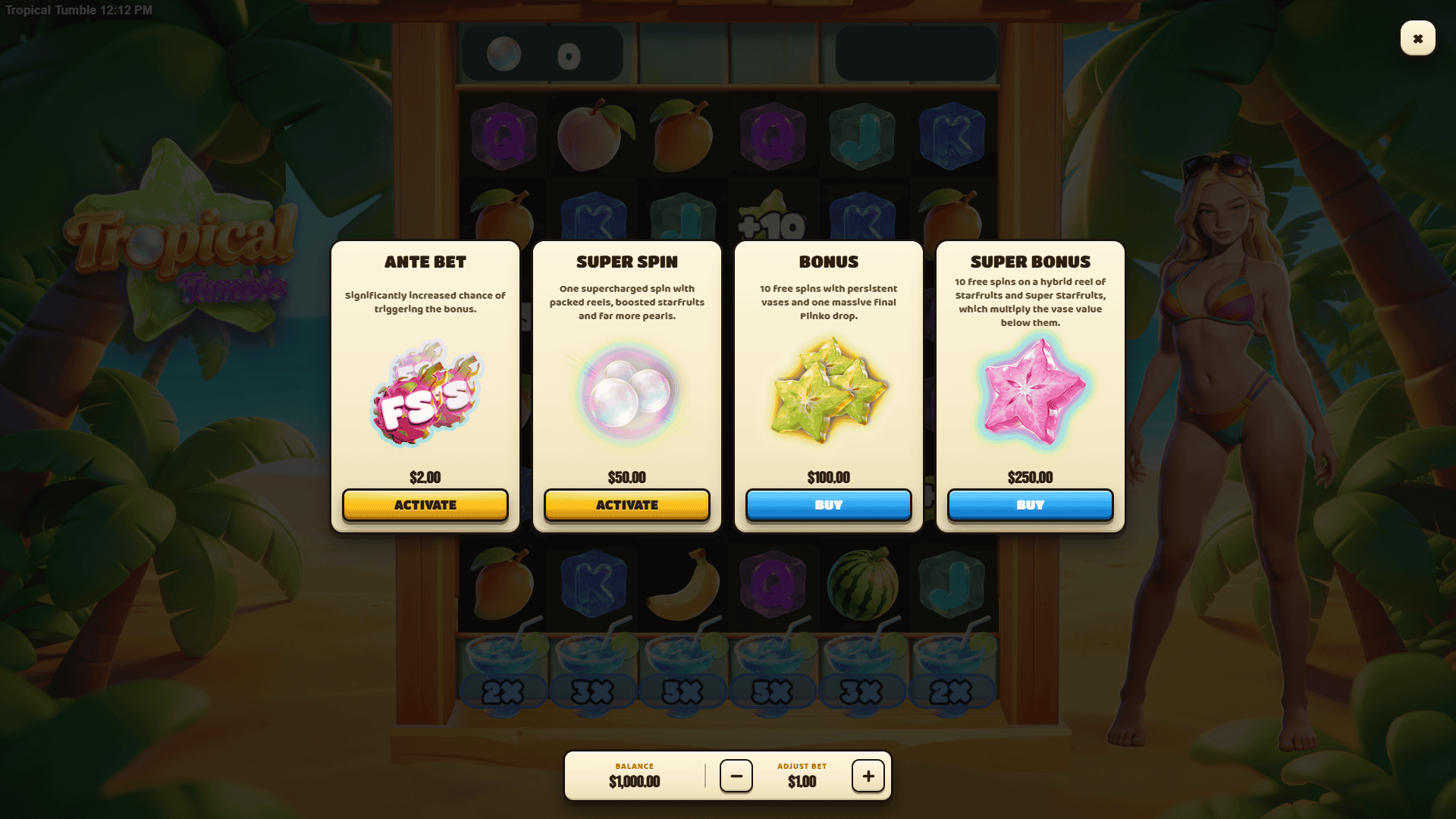 Tropical Tumble bonus buy menu