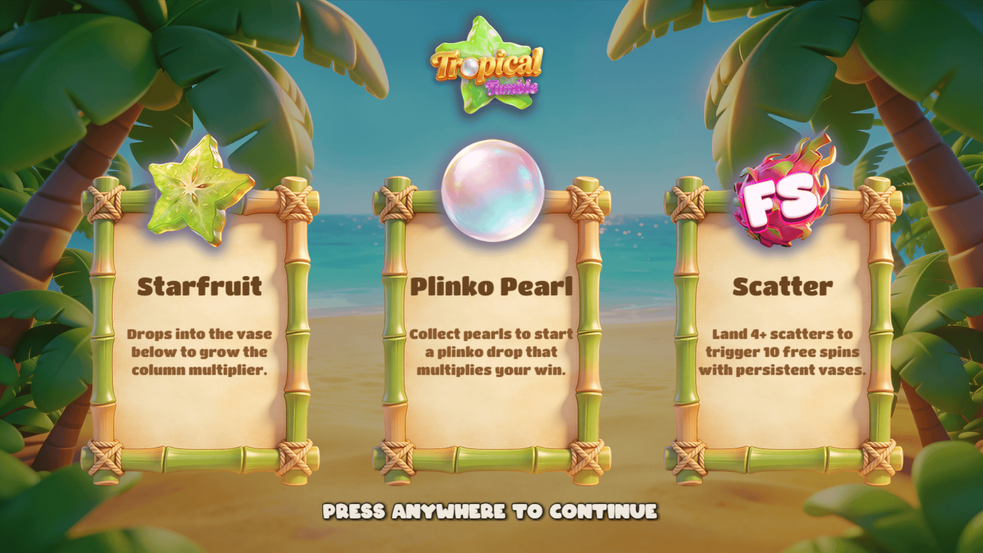 Tropical Tumble slot intro screen