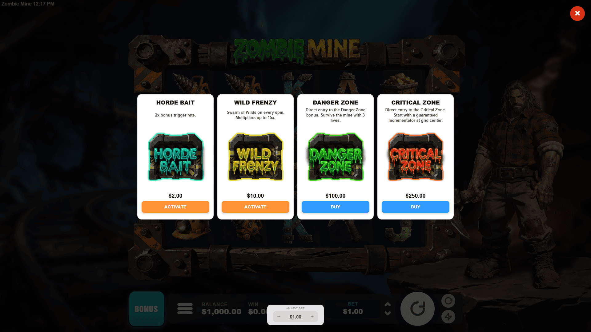 Zombie Mine bonus buy menu