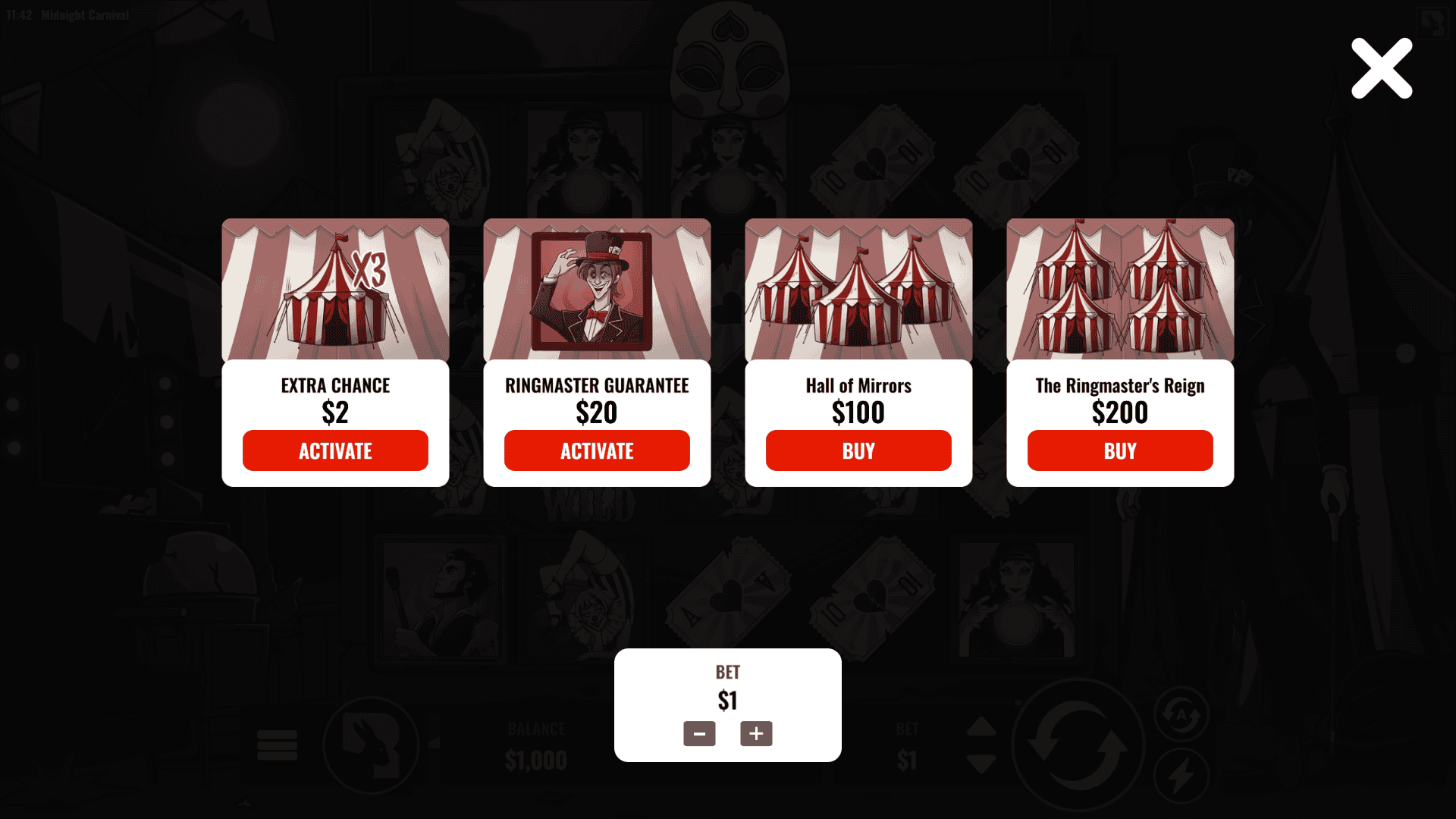 Midnight Carnival bonus buy menu