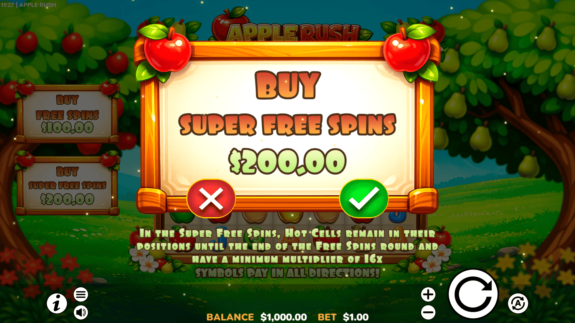 Apple Rush bonus buy menu