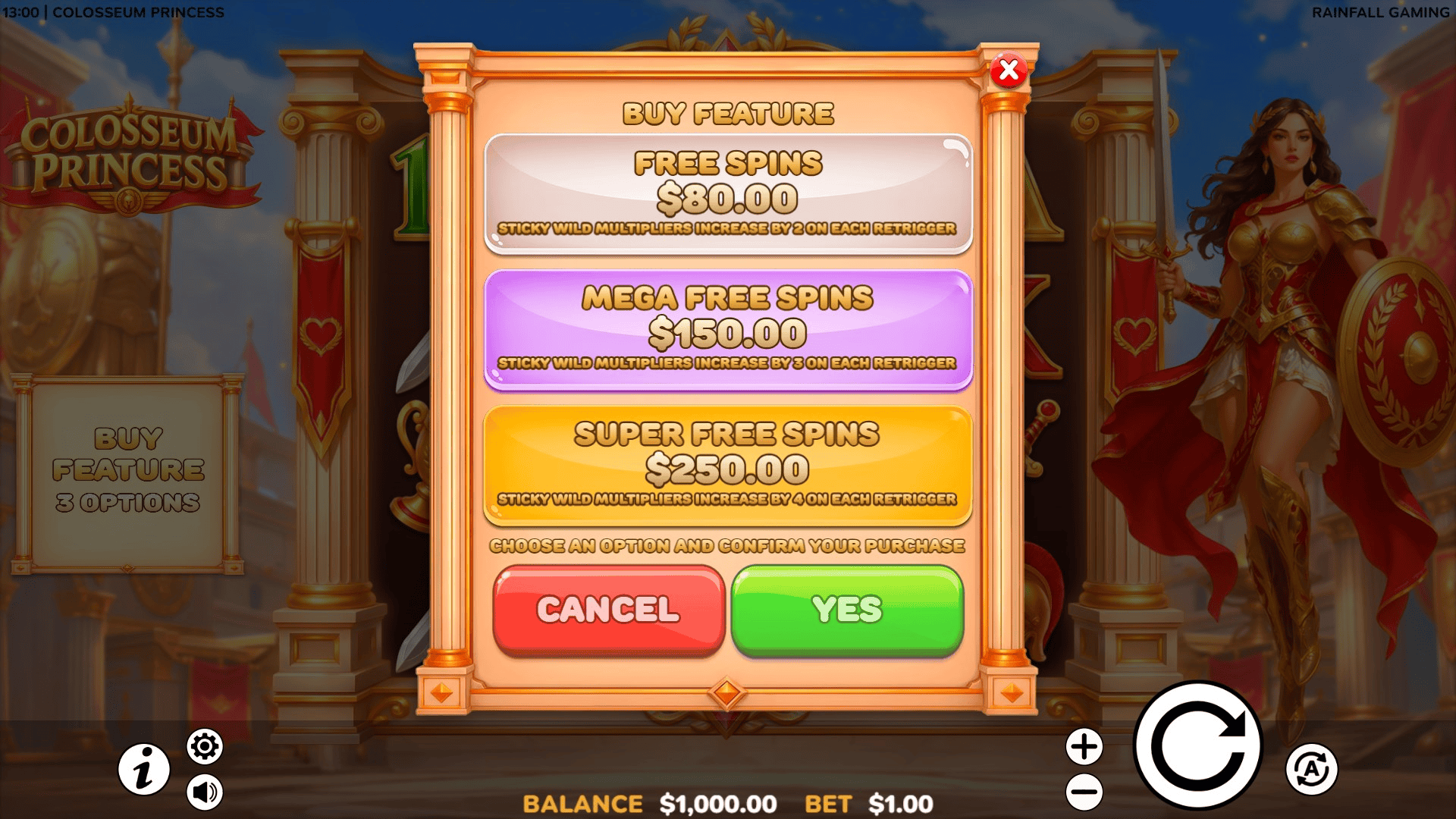 Colosseum Princess bonus buy menu