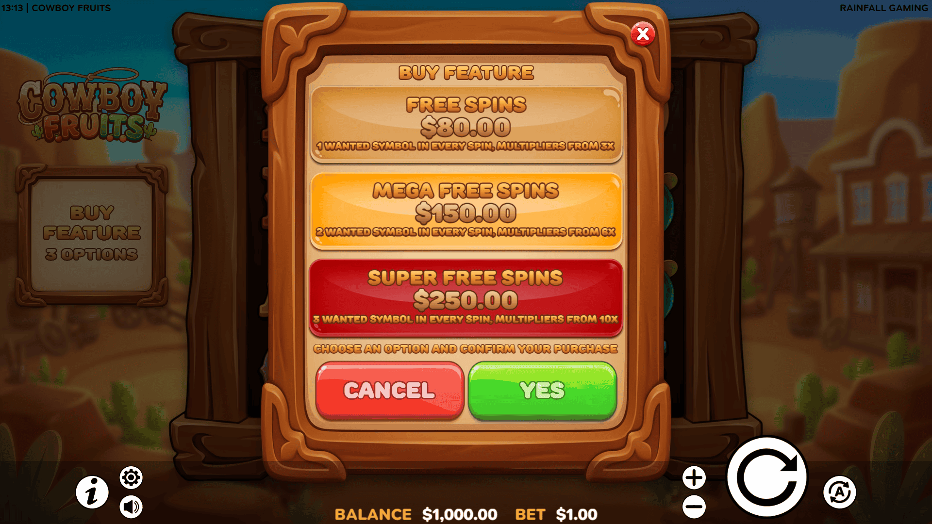 Cowboy Fruits bonus buy menu