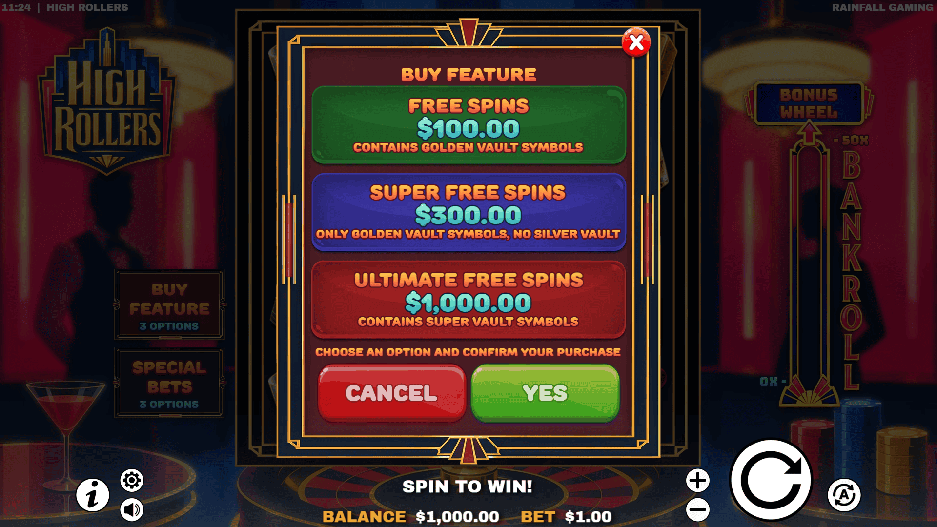 High Rollers bonus buy menu