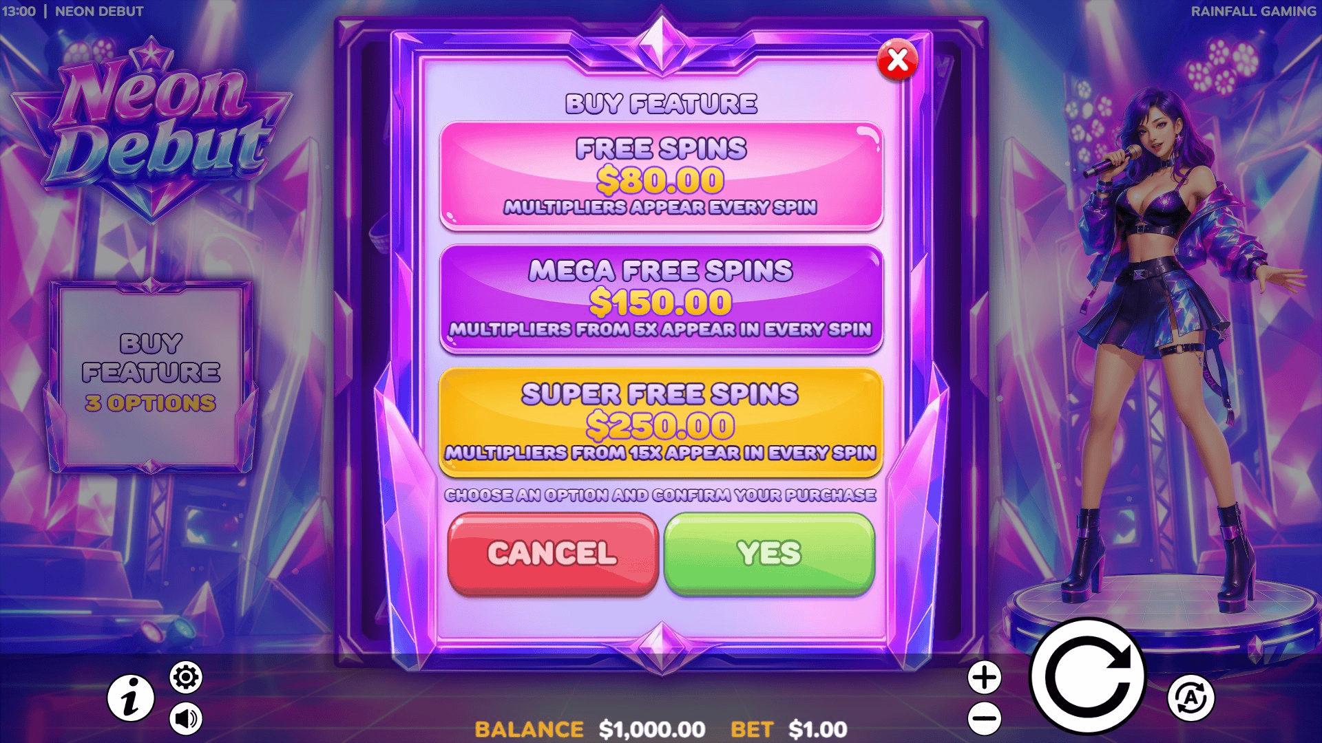 Neon Debut bonus buy menu