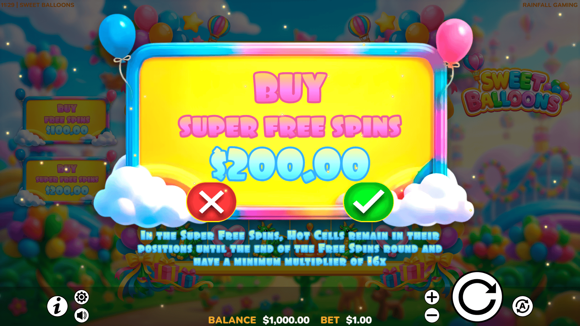 Sweet Balloons bonus buy menu