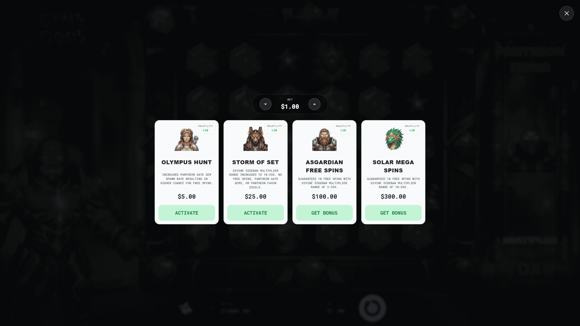 Gems of Gods bonus buy menu