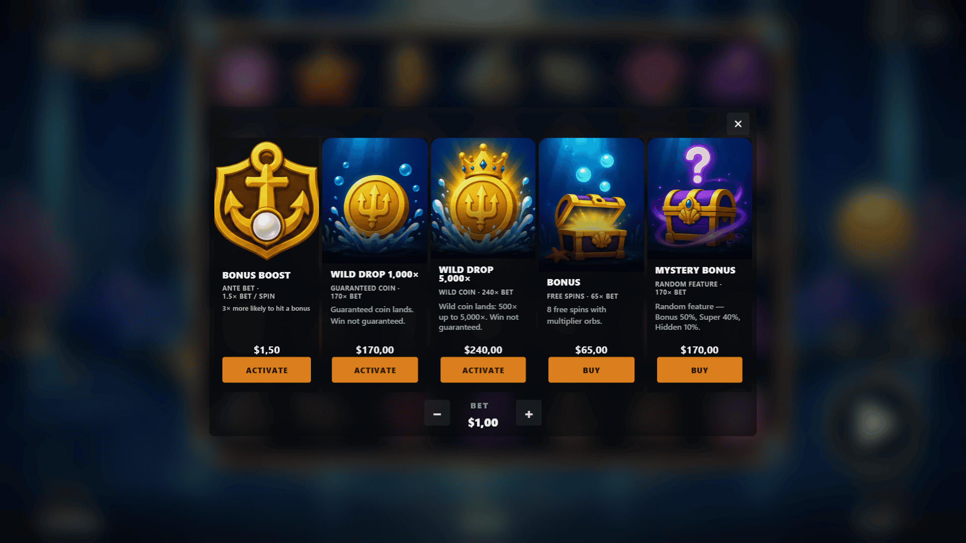 Underwater Treasures bonus buy menu