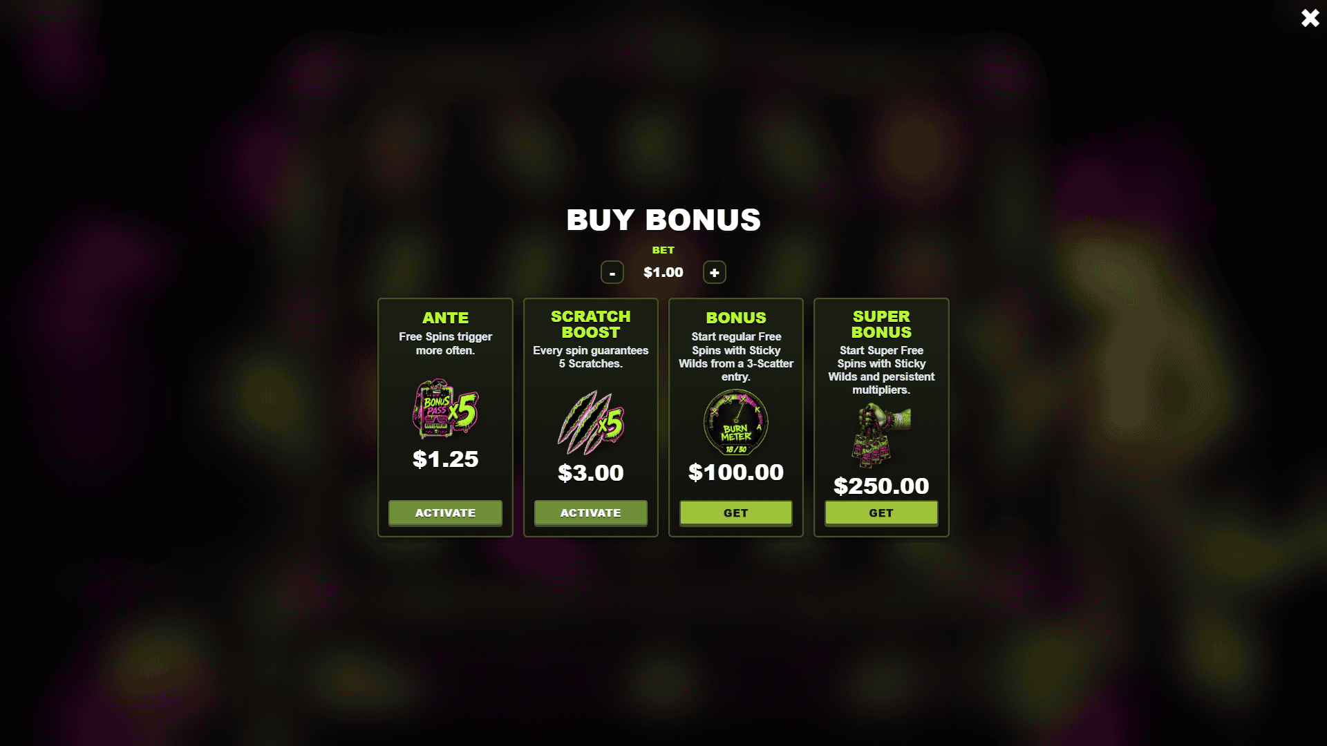 Lizard Mayhem bonus buy menu