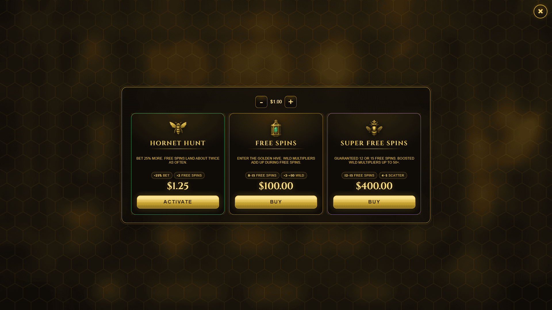 Hornet's Gold bonus buy menu