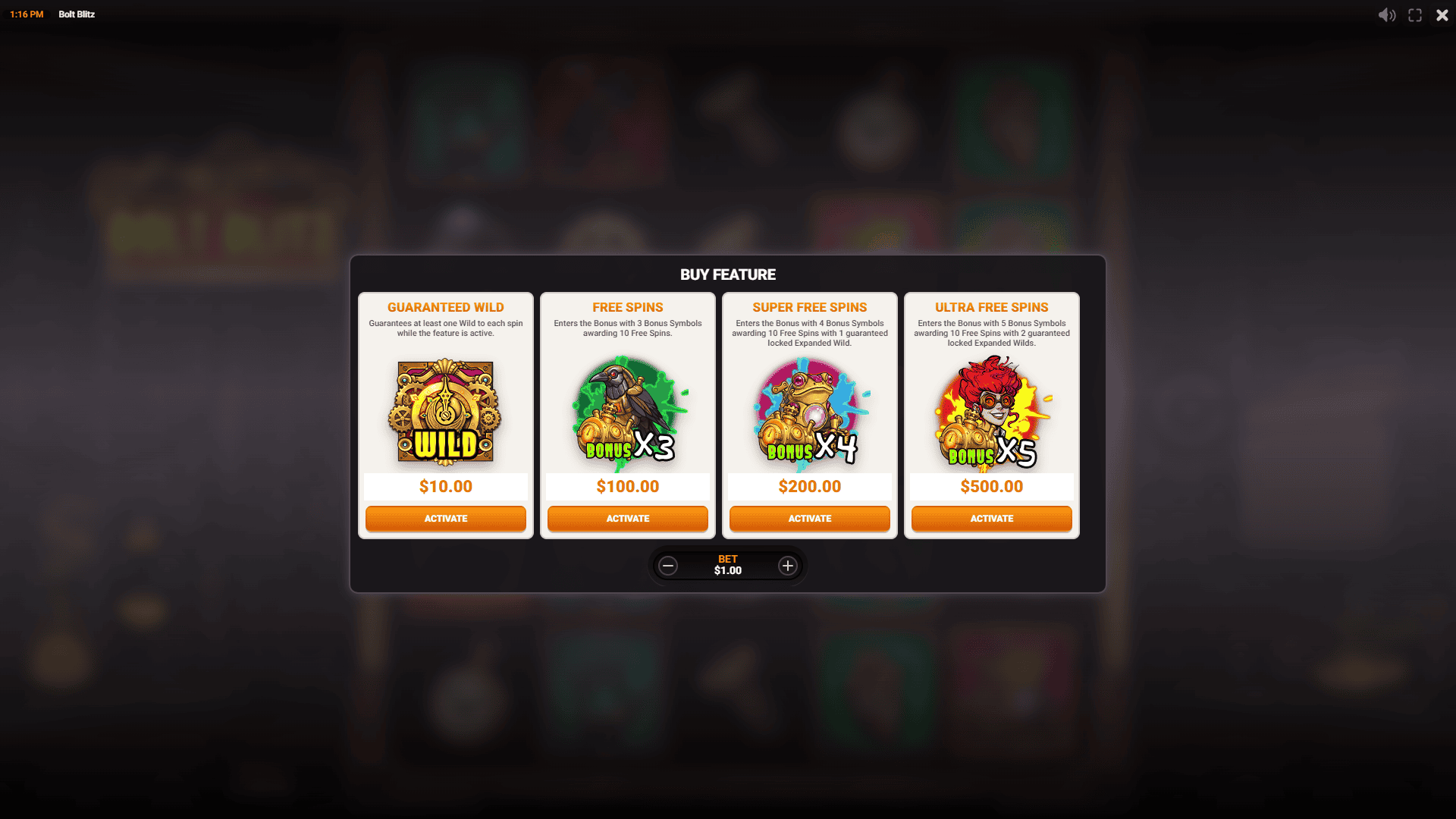 Bolt Blitz bonus buy menu