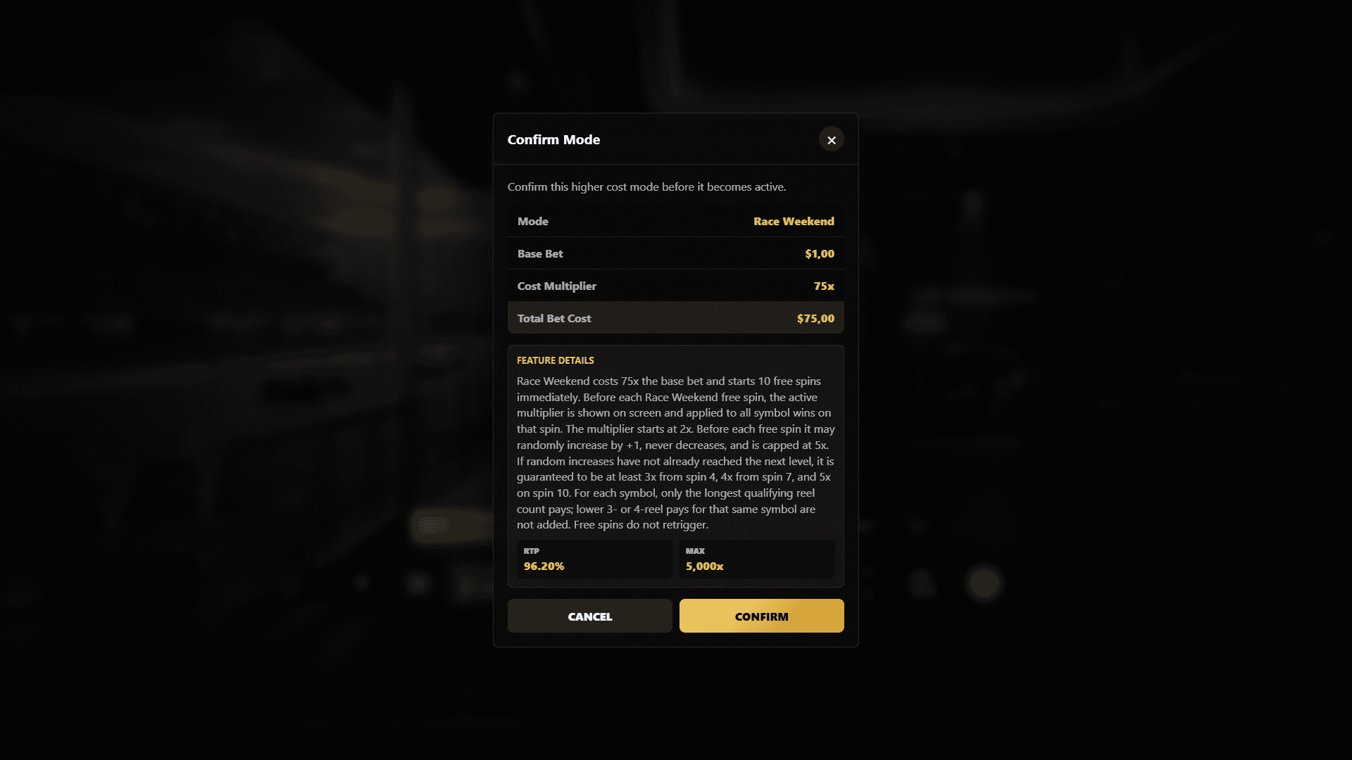 VIP Paddock bonus buy menu