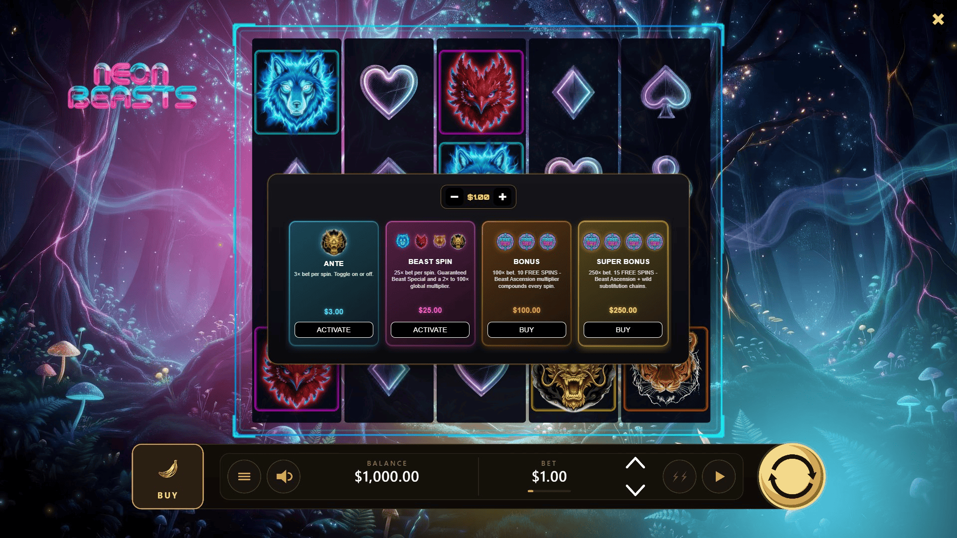 Neon Beasts bonus buy menu