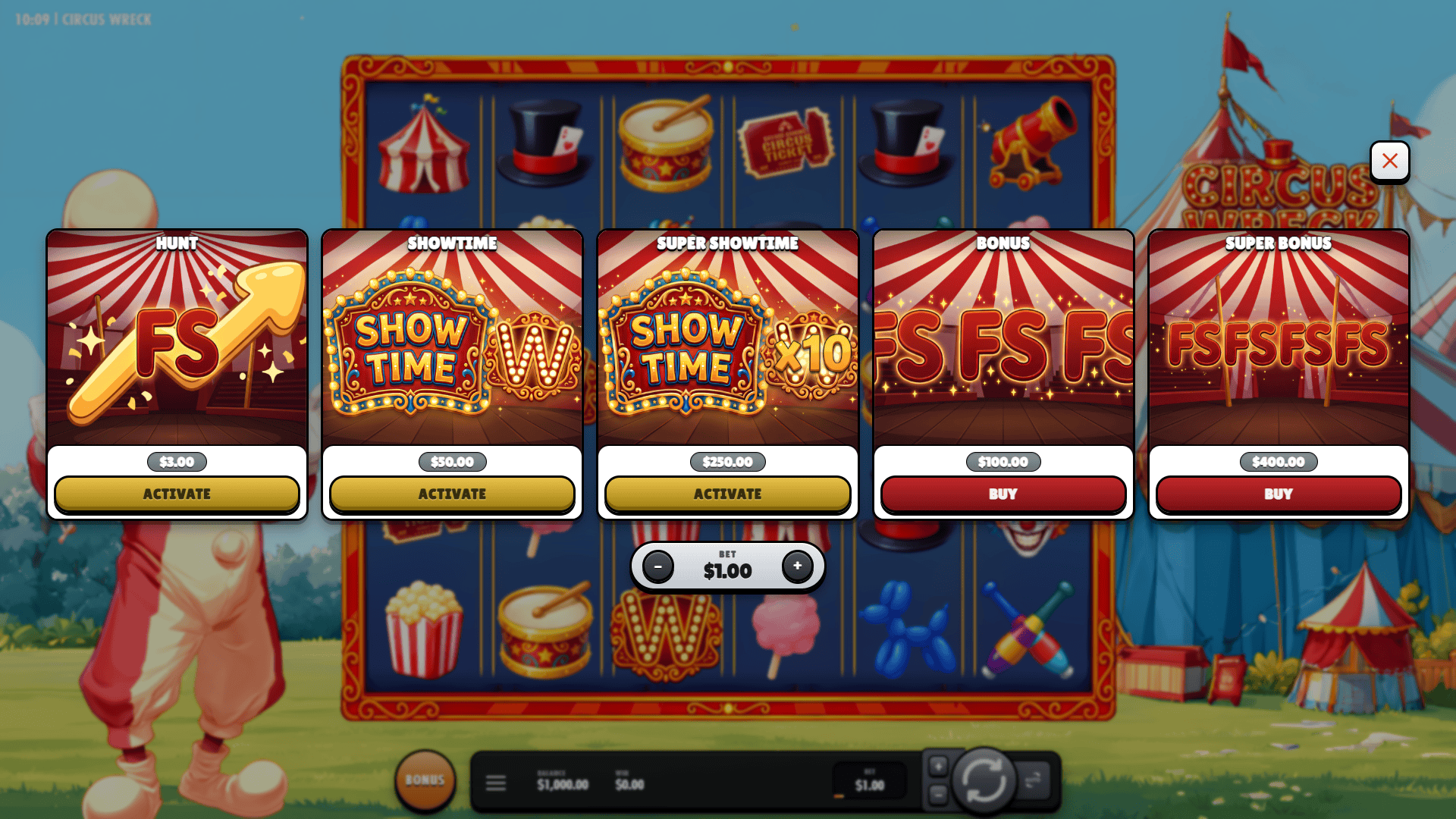 Circus Wreck bonus buy menu