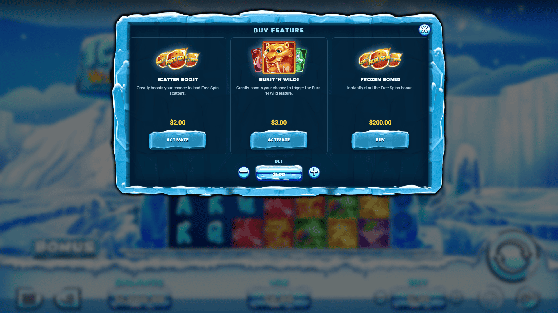 Ice & Wilds bonus buy menu