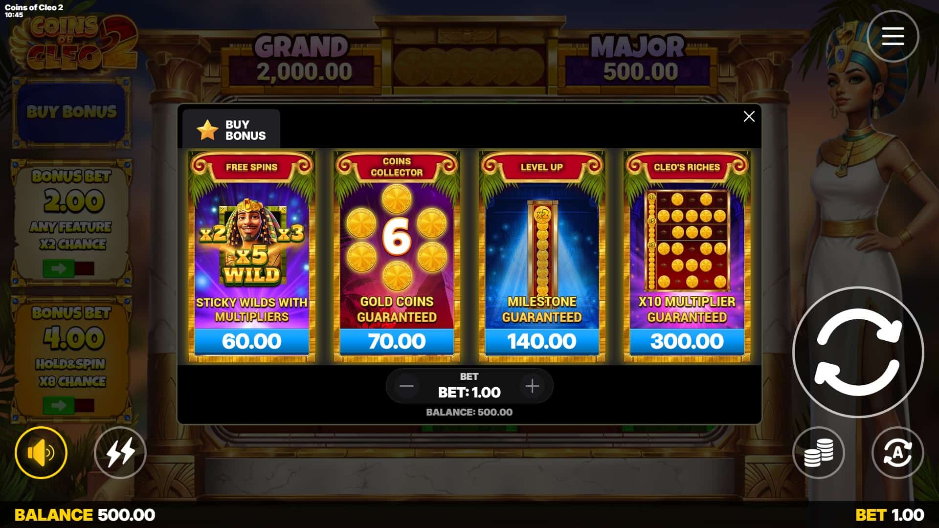 Coins of Cleo 2 bonus buy menu