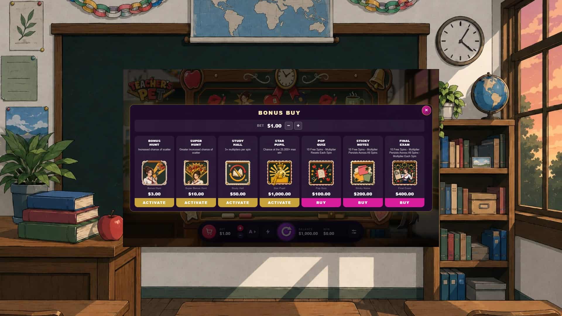 Teachers Pet bonus buy menu