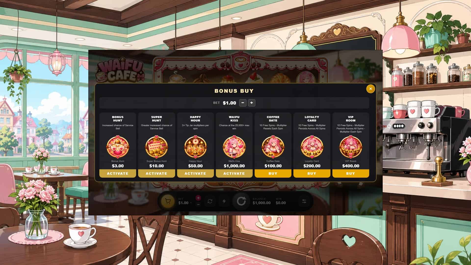 Waifu Cafe bonus buy menu